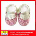 Factory direct sale 100% handmade Pink Sequin Moccasins gold fringe Baby leather baby shoes
